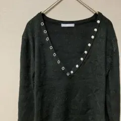 スカイボンバー　Ｖネックリブニット(M)ブラック無地　ボタンアクセント