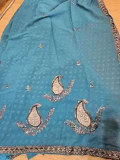 ターコイズブルー インドサリー 刺繍入り