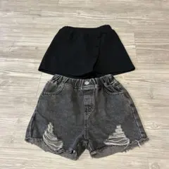 ブラックデニムハーフパンツとスカートセット 7Y