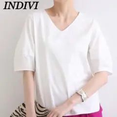 INDIVIインディヴィ　フォルムスリーブVネックトップス　半袖　春夏　白