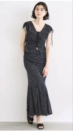メッシュプリントギャザーワンピース