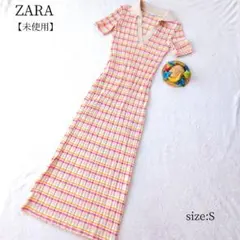 【未使用】ZARA ストライプ柄ポロニットワンピース ロング Sサイズ 半袖