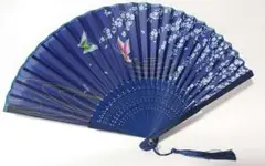 花柄 蝶 扇子 タッセル付き 青