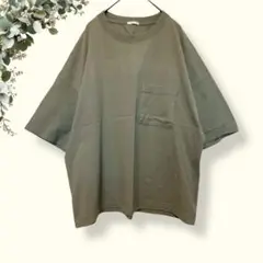 GU【M】ワイドフィットTシャツ/五分袖/胸ポケ/シンプル/ナチュラル/カーキ