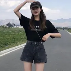 【残り僅か】ハイウエスト　ショートパンツ　デニム　英文字　Ｌ