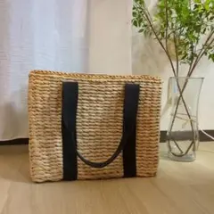 保冷バッグ　ストロー製トートバッグ ナチュラル/ブラック