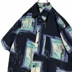 ヴィンテージ古着 半袖 総柄サマーシャツ 黒 XL ポリエステルデザインシャツ