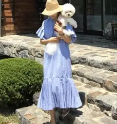 水色フリル袖ロングワンピース　マキシワンピース