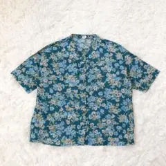 美品　半袖ブラウス　バンドカラー　オーガニックコットン100% ブルー　花柄