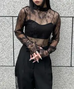 LVEU. レース カットソー シアー シースルー 長袖 レイヤード ブラック