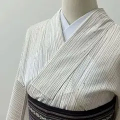 絽　よろけ縞　夏着物　ポリエステル　手縫い　居敷当て付き