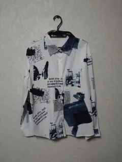 アート プリント 長袖シャツ 総柄 柄シャツ ホワイト メンズ L