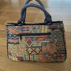 ゴブラン織り　トートバッグ　幾何学模様　ハンドル&内側レザー　美品