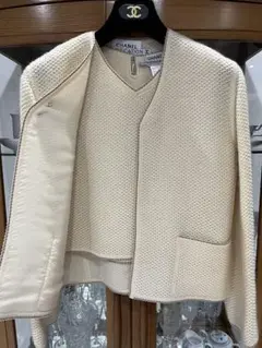 CHANEL ノーカラージャケット ホワイト/オレンジ 25012918.jpg