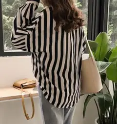 【SALE中】 シャツ　ストライプ　長袖　ボタンシャツ　ブラック　レディース　L