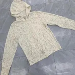 Navy ドット柄パーカー アイボリー ジップアップ 長袖 フード付き L