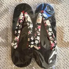 小花柄　下駄　浴衣　お祭り　黒　げた