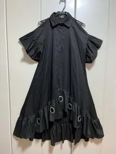 モード ロングワンピース フリル アイレットEyelet 黒 ロング
