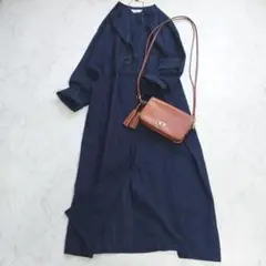 極美品　レナウン　シャツワンピース　バンドカラー　ネイビー　濃紺　シルク　フリー