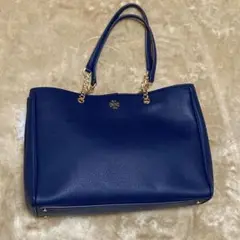 【美品】TORY BURCH レザートートバッグ ネイビー チェーン ロゴ