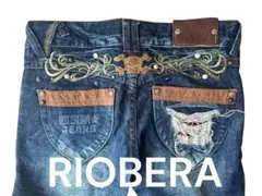 RIOBERA リオベラ　刺繍入りデニムフレアパンツ　28 ドクロ