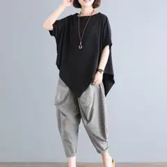 レディース黒TEEストライプパンツ2点セット黒グレーストライプサルエルパンツv