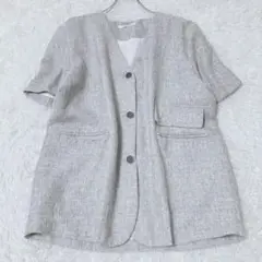 ノーカラージャケット Fサイズ グレー アウター ポケット オフィスカジュアル