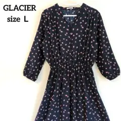 【美品】 GLACIER ネイビー 花柄 長袖 ロング ワンピース Ｌサイズ