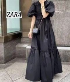 ほぼ新品 ZARA ザラ ポプリン パネルミディ ワンピース パフスリーブ L