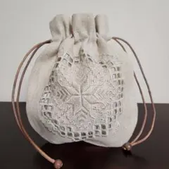 ハーダンガー刺繍 ポーチ 巾着袋 ベージュ