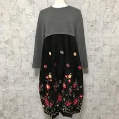 【205 ZERO】花柄刺繍 ドッキングワンピースグレー×黒 M〜L