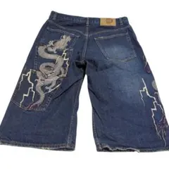 絡繰魂 刺繍デニムパンツ 和柄 昇龍 クロップド w33 3連ポケット