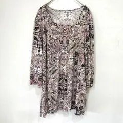 るんびに ピンク系 総柄 七分袖カットソー　ペイズリー（L）
