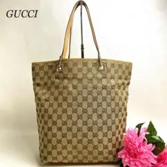 良品✨グッチ トートバッグ gg柄 ロゴ刻印 シルバー金具 キャンバス ベージュ