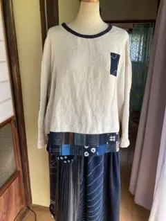 古布藍染め☆リネンとコラボ☆長袖☆トップス☆パッチワーク☆
