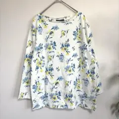 N+ 綿100% 花柄カットソー　ロンT レディース L ゆったり　普段着　白