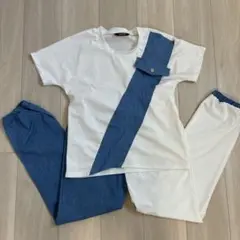 ホワイト/デニム のパンツ　シャツ　セットアップ　ジャージ　半袖　Sサイズ