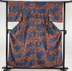 秀品 落款あり 扇 草花 ちりめん 赤茶 袷 157cm 62cm S 正絹