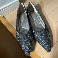 ビジュー付きブラックフラットシューズ大きいサイズ　26 26.5