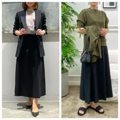 未使用■23区■サイズ44■コットンリネンストレッチセミフレアースカート■黒