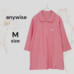 anywise エニワイズ 美品 サーモンピンク 五分袖 ポロシャツ 花刺繍