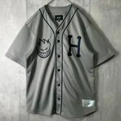 HUF スピットファイア コラボ 刺繍 ベースボールシャツ グレー S