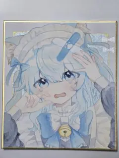 ★オリジナル手描きイラスト★ミニ色紙★小色紙★ブルー系猫耳メイド★
