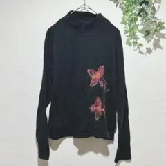 【イマージュ】ブラック タートルネック 花柄刺繍 長袖ニット　Lサイズ