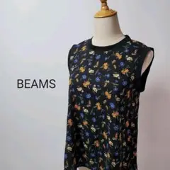 B339ビームス花柄ブラウスノースリーブブラックコットン黒綿昭和レトロリブ