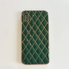 グリーン 。キルティング風　iPhone Xケース