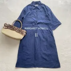 マーガレットハウエル　リネンワンピース　M シャツワンピース　半袖ワンピース　青