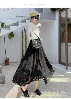レース フレア フレアスカート　ロングスカート ブラック　黒　裏地付き