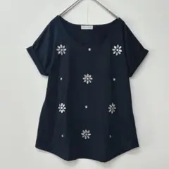 INOIMARK ビジュー飾りトップス　半袖Tシャツ　プルオーバー　M
