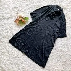 【ユニクロ】 (L) ひざ丈ワンピース 5分袖 とろみ ボウタイネック クレープ